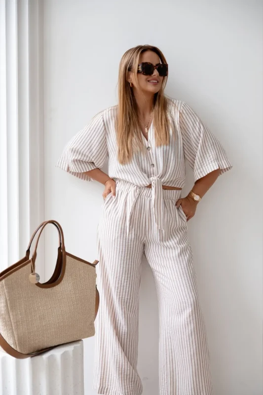 CARMEL Komplet damski BOHO len-bawełna (beż)