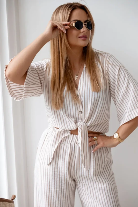 CARMEL Komplet damski BOHO len-bawełna (beż)