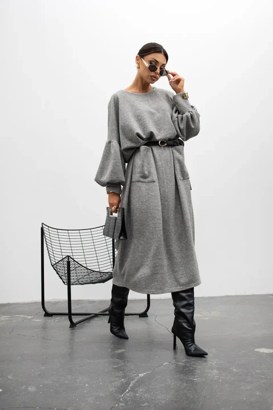 MISS CITY OFFICIAL Sukienka Outline Ribbed (szary)