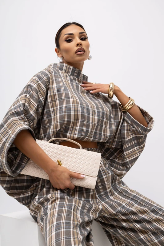 MISS CITY OFFICIAL Damska Bluzka Grid Pattern Kimono (beż)