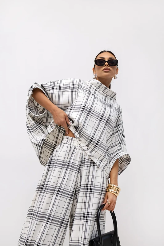 MISS CITY OFFICIAL Damska Bluzka Grid Pattern Kimono (biały)