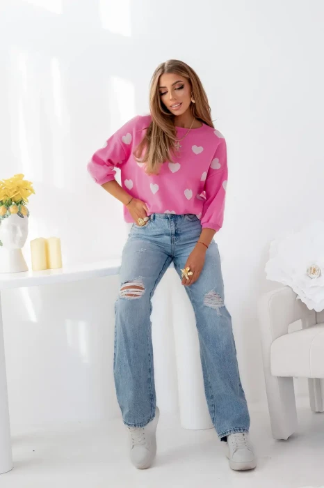 SIMPLICITY Sweter wzór serca  ( Barbie róż – ecru )