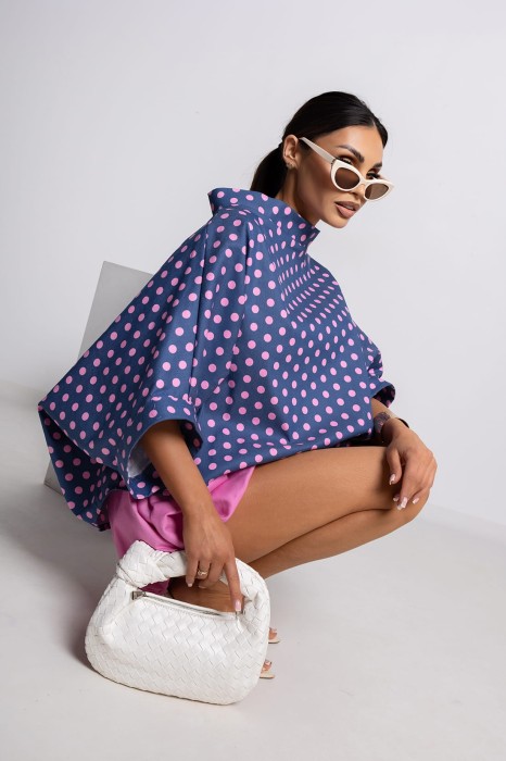 MISS CITY OFFICIAL Damska Bluzka Kimono Big Dot (niebiesko-różowy)